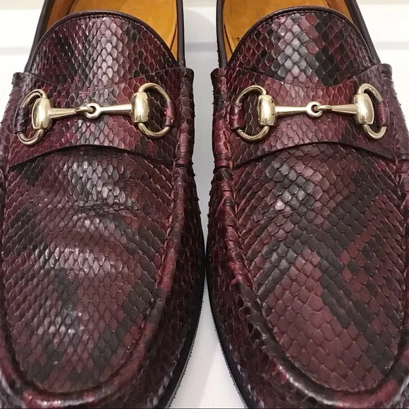 Gucci 1953 Classic Maroon Black Python Snakeskin Gold Horsebit Loafers 8 G 9 D - Picture 6 of 8